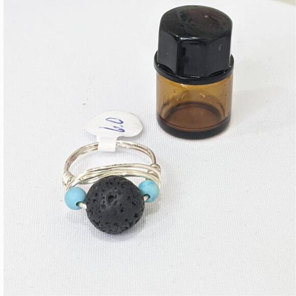 Artisan Lava Stone Diffuser Ring Silver Tone Blue Howlite Beaded Aromatherapy - Picture 1 of 11
